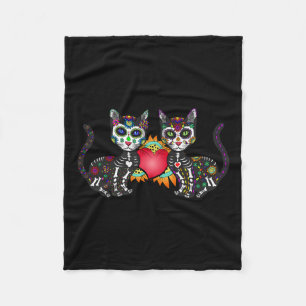 Cute Sugar Skull Cat Duo Heart Mexican Dia De Los Fleece Blanket