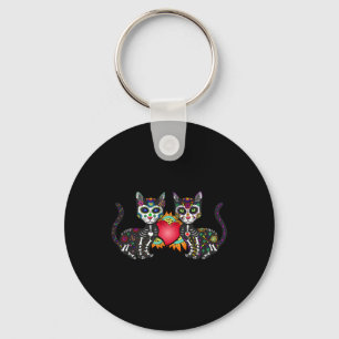 Cute Sugar Skull Cat Duo Heart Mexican Dia De Los Key Ring