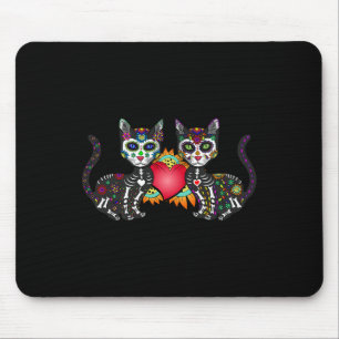 Cute Sugar Skull Cat Duo Heart Mexican Dia De Los Mouse Pad