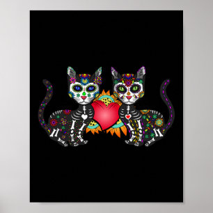 Cute Sugar Skull Cat Duo Heart Mexican Dia De Los  Poster