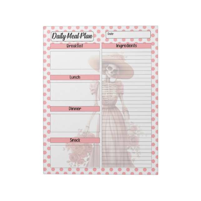Cute Sugar Skull Daily Meal Plan Notepad (Rotated)