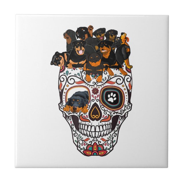 cute sugar skull dog rottweiler skull halloween ceramic tile (Front)