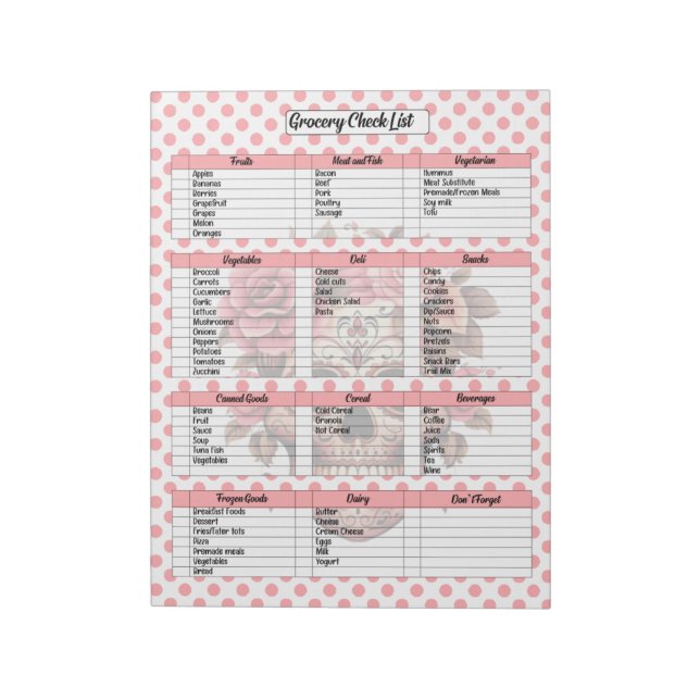 Cute Sugar Skull Grocery List Notepad (Rotated)