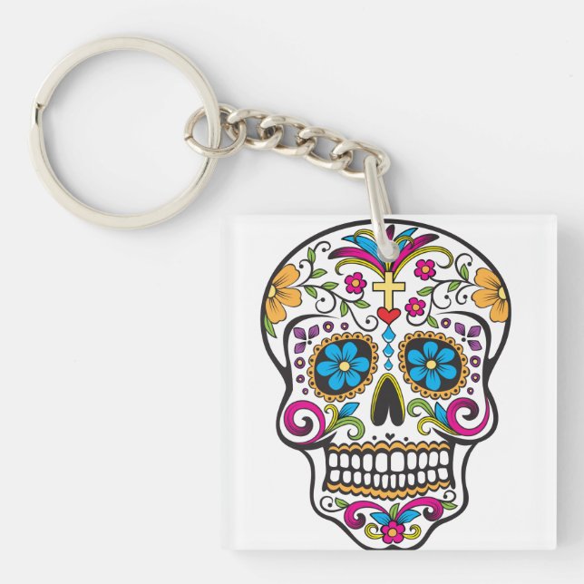 Cute Sugar Skull Happy Day of the Dead Key Ring (Front)