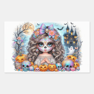 Cute Sugar Skull Haunted Halloween Scene Rectangular Sticker