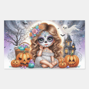 Cute Sugar Skull Haunted Halloween Scene Rectangular Sticker