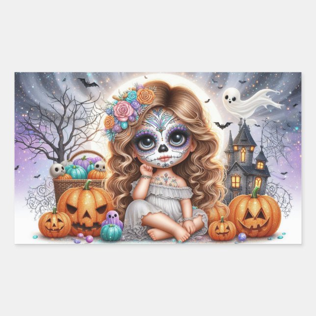 Cute Sugar Skull Haunted Halloween Scene Rectangular Sticker (Front)