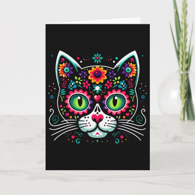 Cute Sugar Skull Mexican Cat  Card (Front)