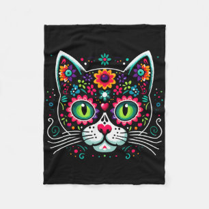 Cute Sugar Skull Mexican Cat Fleece Blanket