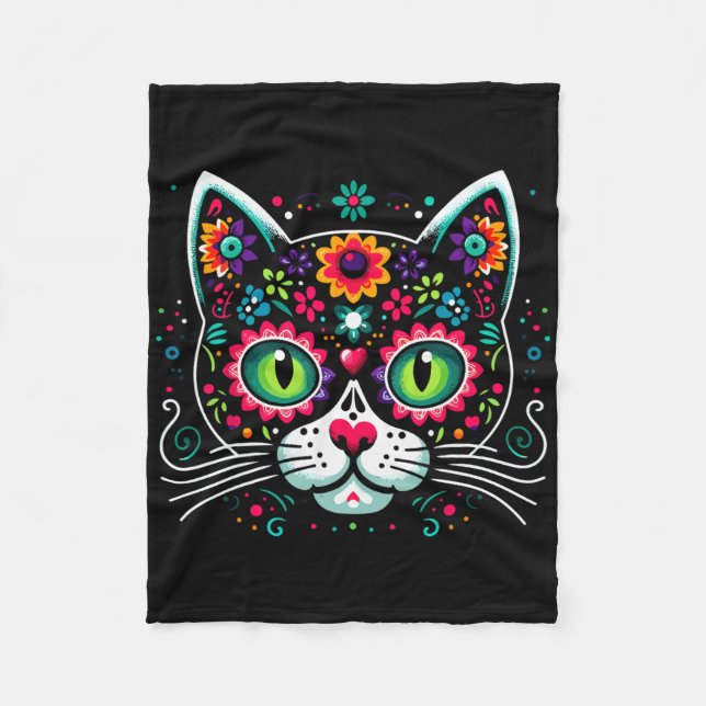 Cute Sugar Skull Mexican Cat  Fleece Blanket (Front)