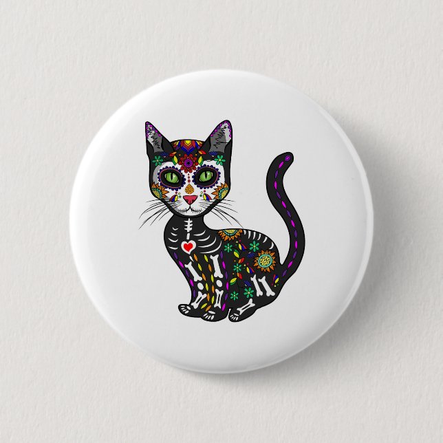 Cute Sugar Skull Mexican Cat Halloween Day Of The  6 Cm Round Badge (Front)