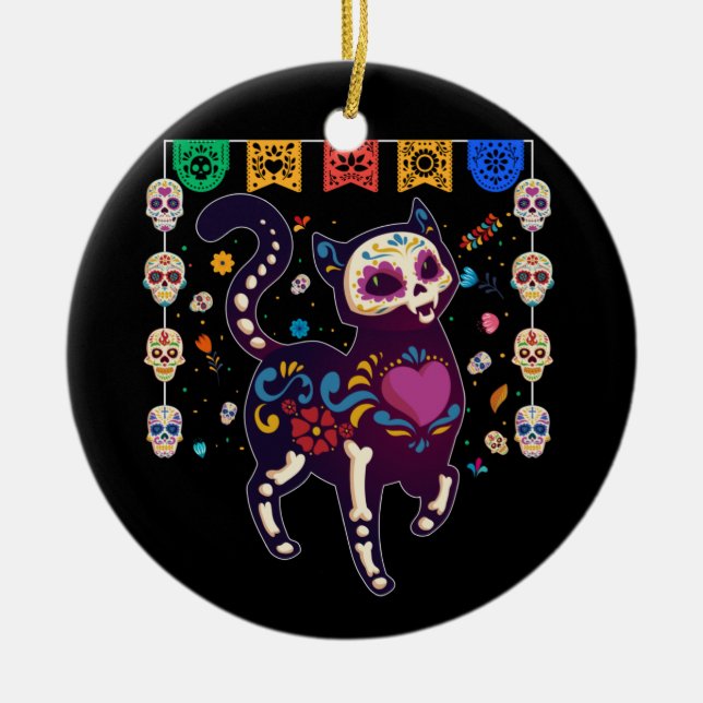 Cute Sugar Skull Mexican Cat Halloween Day Of The Ceramic Ornament (Front)