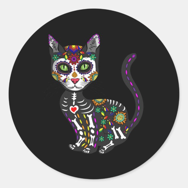 Cute Sugar Skull Mexican Cat Halloween Day Of The  Classic Round Sticker (Front)