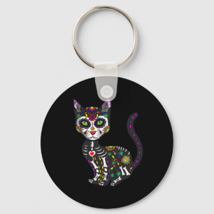 Cute Sugar Skull Mexican Cat Halloween Day Of The Key Ring