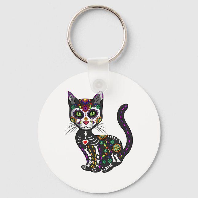 Cute Sugar Skull Mexican Cat Halloween Day Of The  Key Ring (Front)