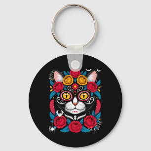 Cute Sugar Skull Mexican Cat Halloween Day Of The Key Ring