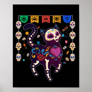 Cute Sugar Skull Mexican Cat Halloween Day Of The Poster