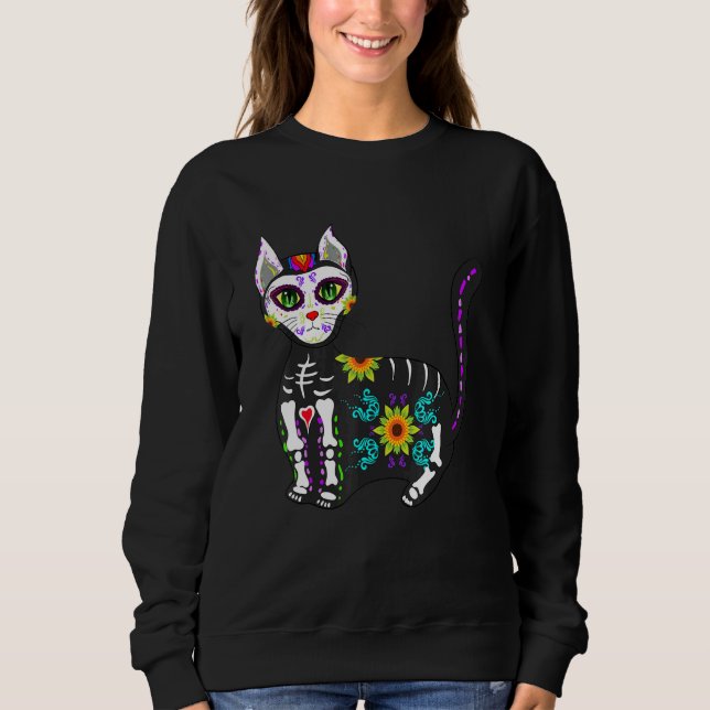 Cute Sugar Skull Mexican Cat Halloween Day Of The  Sweatshirt (Front)