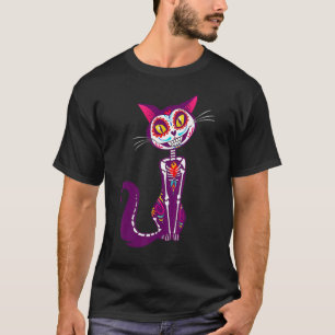 Cute Sugar Skull Mexican Cat Halloween dia de los T-Shirt