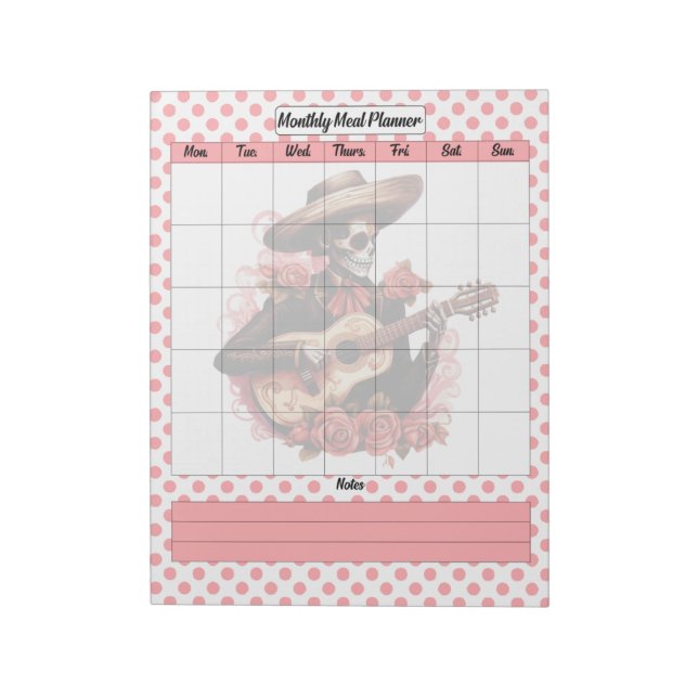 Cute Sugar Skull Monthly Meal Planner Notepad (Rotated)