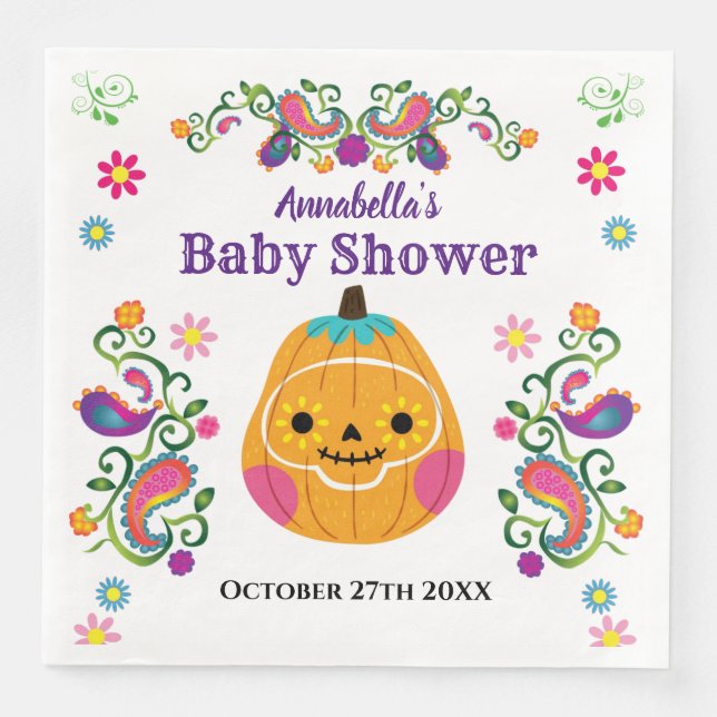Cute Sugar Skull Pumpkin Halloween Baby Shower Napkin (Front)