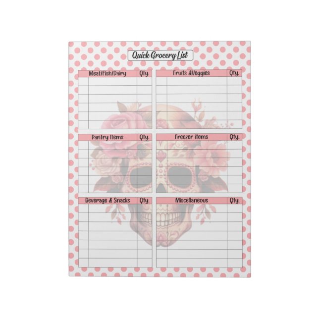 Cute Sugar Skull Quick Grocery List Notepad (Rotated)