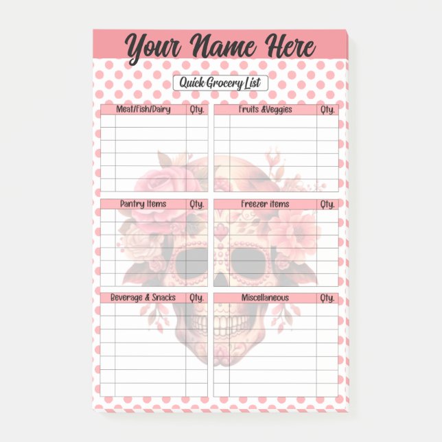 Cute Sugar Skull Quick Grocery List Post-it Notes (Front)