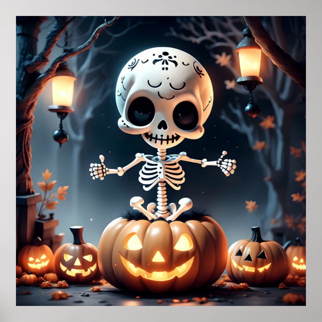 Cute Sugar Skull Skeleton and Pumpkins  Poster (Front)