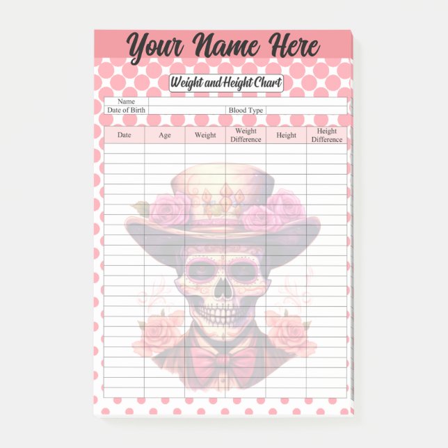 Cute Sugar Skull Weight and Height Tracker Post-it Notes (Front)