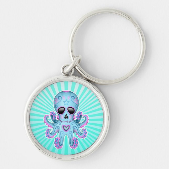 Cute Sugar Skull Zombie Octopus - Blue Pink Key Ring (Front)