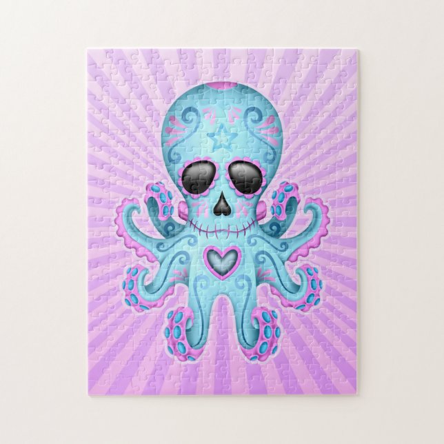 Cute Sugar Skull Zombie Octopus - Blue Purple Jigsaw Puzzle (Vertical)