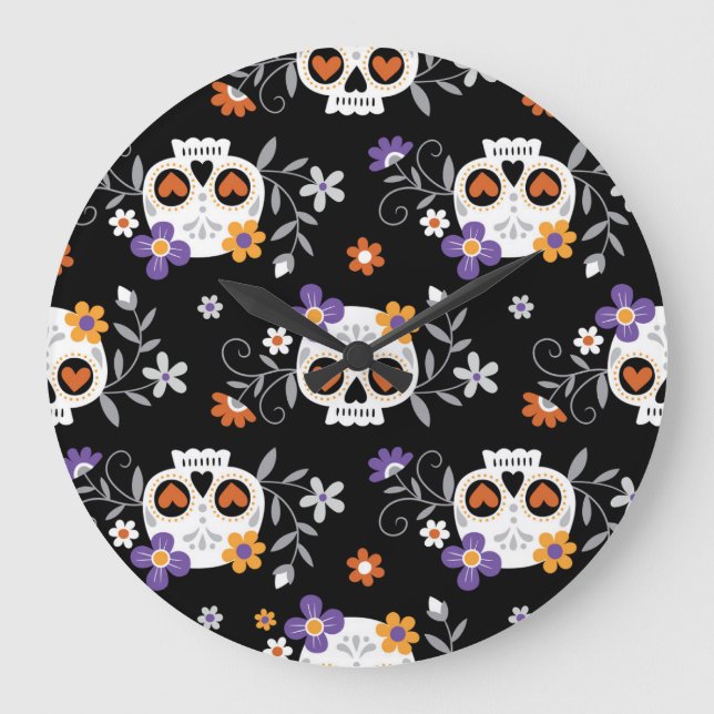 Cute Sugar Skulls Hand Drawn Large Clock (Front)