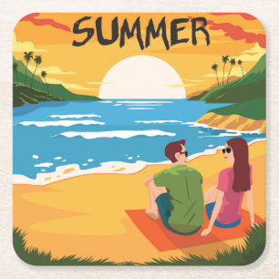 Cute Summer at the Beach Scene Square Paper Coaster
