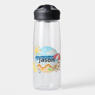 Cute Summer Beach Cat Personalised Clear Water Bottle