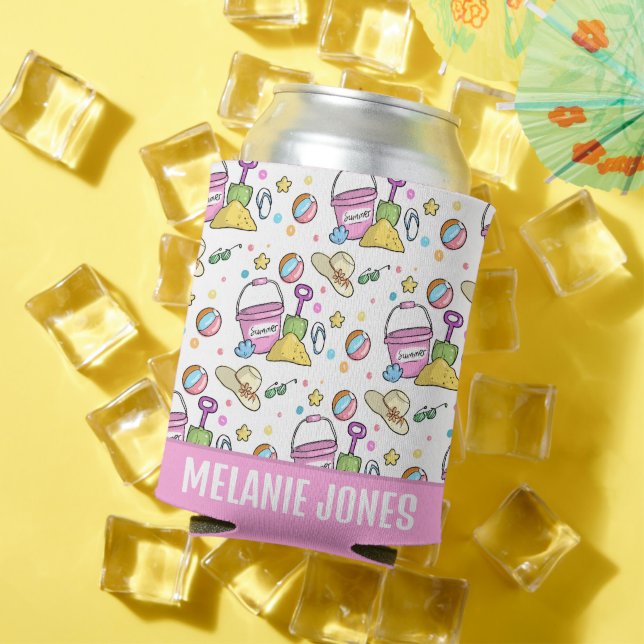 Cute Summer Beach Doodles Pattern Personalised Can Cooler (In Situ Summer)