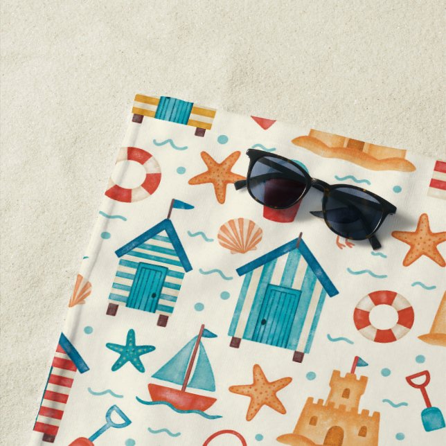 Cute Summer Beach Ocean Print Beach Towel (In Situ)