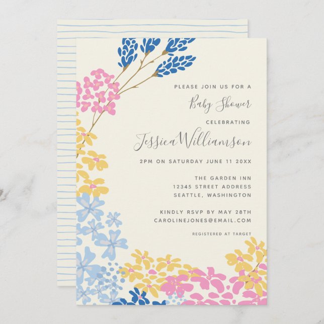 Cute Summer Blue and Yellow Flowers Baby Shower  Invitation (Front/Back)
