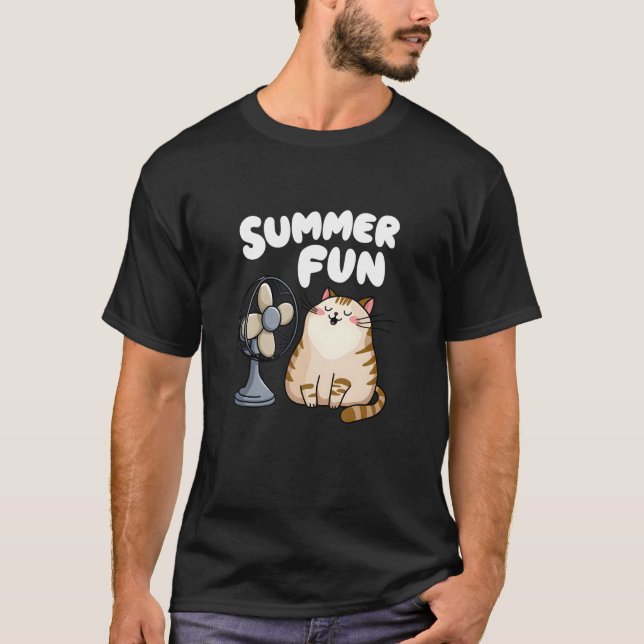 Cute Summer Cat with Fan Funny Chubby Kitty  T-Shirt (Front)