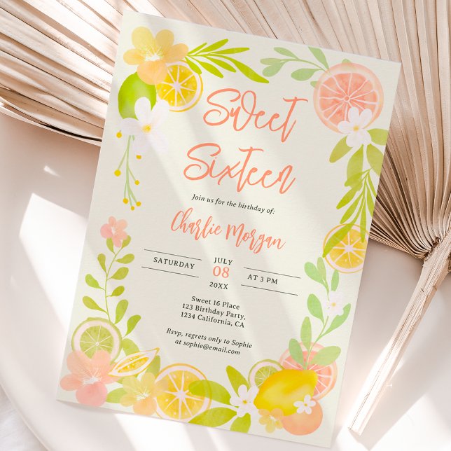 Cute summer citrus floral watercolor sweet 16 invitation (Creator Uploaded)