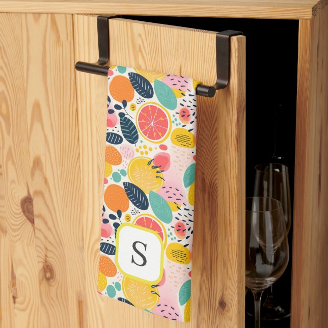 Cute Summer Citrus Fruit Monogram Initial Tea Towel (Thirds Fold)