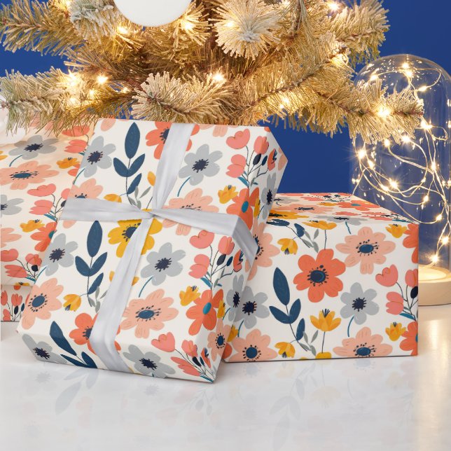 Cute Summer Coral and Navy Blue Flowers Pattern Wrapping Paper (Holidays)