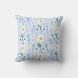 Cute Summer Daisies Pattern Light Blue Stripe Cushion