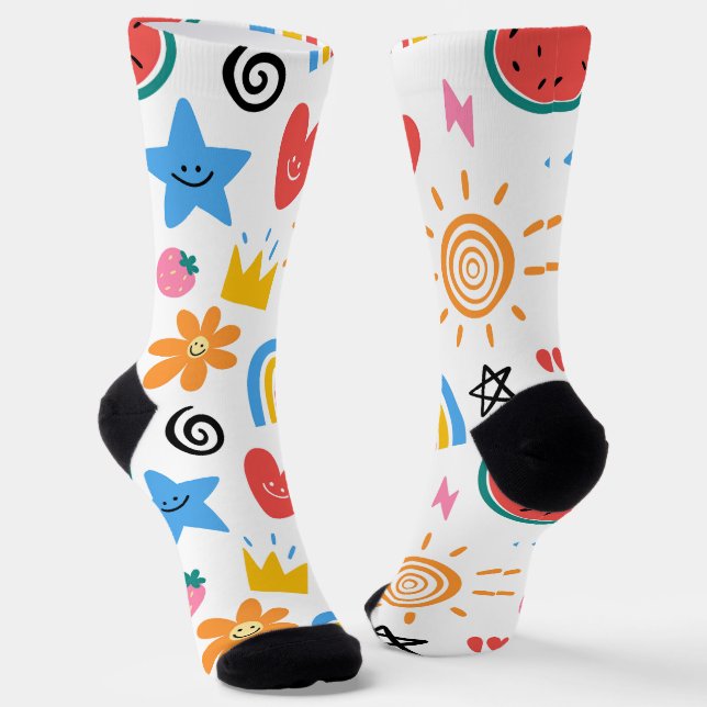 Cute Summer Doodles Whimsical Seamless Pattern Socks (Angled)