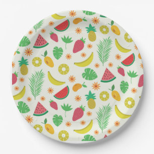 Cute summer fruits and tropical leaves pattern    paper plate