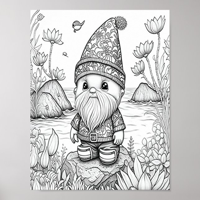 Cute Summer Gnome Adult Colouring Poster (Front)
