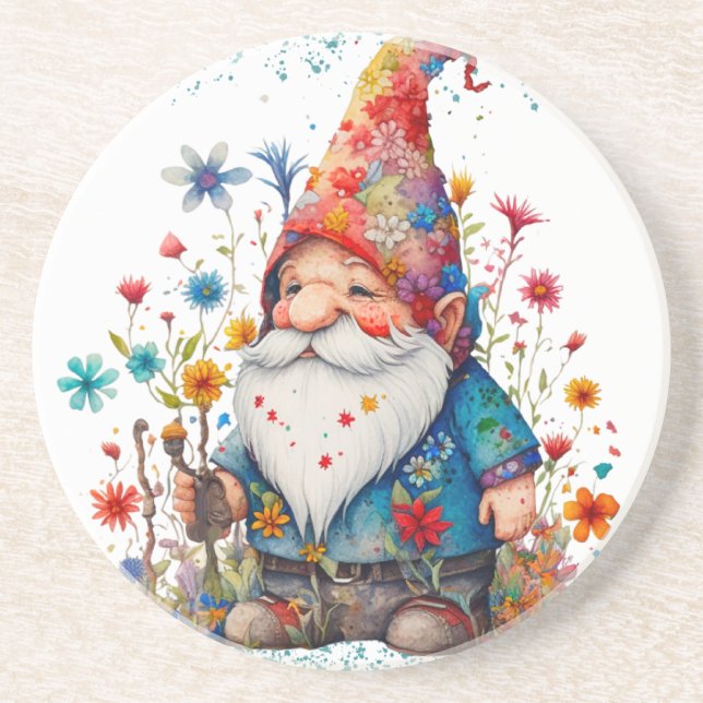 Cute Summer Gnome With Flowers Coaster (Front)
