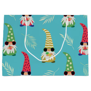 Cute summer gnomes holding fruits on blue large gift bag