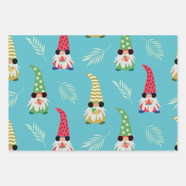 Cute summer gnomes holding fruits pattern  wrapping paper sheet (Front)