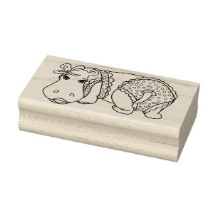 Cute Summer Hippo in Polka-dot Ruffled Swimsuit Rubber Stamp