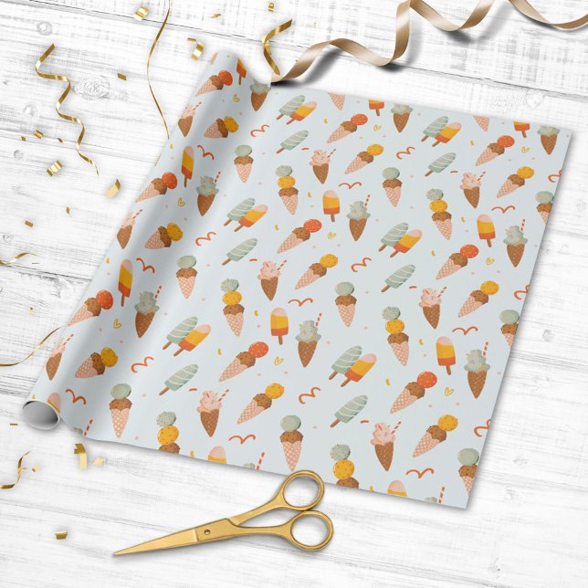 Cute Summer Ice Cream Pattern Wrapping Paper (Close up)